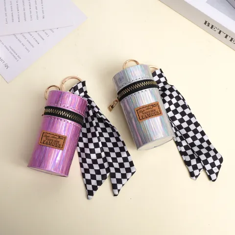 Holographic Laser PU Leather Mini Cylinder Coin Purse With Checkerboard Ribbon Keychain Lipstick Bag For Women Daily Storage