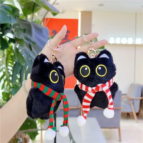Cartoon Zwart Wit Kat Pluche Sleutelhanger Met Gestreepte Sjaal Zachte Knuffeldier Pop Tas Charm Hanger Cadeau
