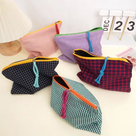 Borsa da Trucco in Tela Gingham Stile Giapponese Grande Capacità Custodia Cosmetica Organizer da Viaggio Astuccio di Cancelleria per Donna