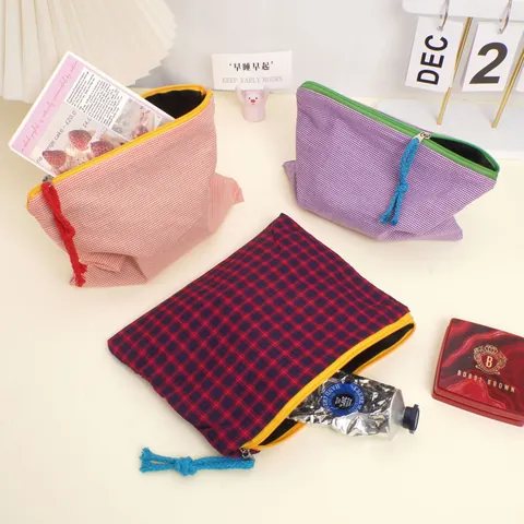 Borsa da Trucco in Tela Gingham Stile Giapponese Grande Capacità Custodia Cosmetica Organizer da Viaggio Astuccio di Cancelleria per Donna