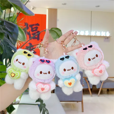 Cute Cartoon Plush Bear Keychain With Heart Sunglasses Embroidery Heart Pendant For Bag Backpack Macaron Colors Key Ring Gift For Women Girls
