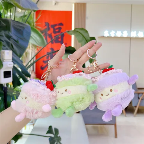 Llavero de Peluche Pastel Macaron Juguete Suave Con Lazo de Cereza Colgante de Bolsa para Regalo de Cumpleaños Mujer Niña Joyería