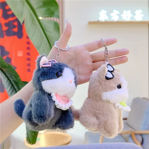 Cute Plush Cat Keychain With Glasses And Lace Bib Soft Animal Bag Charm Decoration For Backpack Keys Women Girl Gift