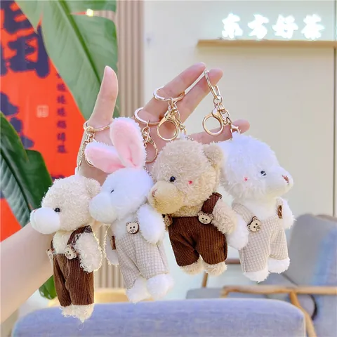 Cute Plush Bear Rabbit Keychain With Corduroy Overalls Soft Stuffed Animal Bag Charm Pendant For Women Girls Birthday Gift