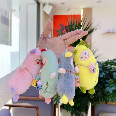 Cute Plush Monster Keychain Pendant With Miniature Bottle Accessory Soft Cartoon Banana Doll Bag Charms For Women Kids Gift