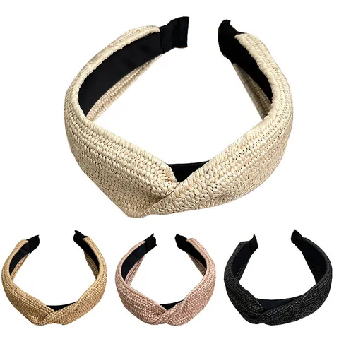 Woven Raffia Headband For Women Bohemian Straw Twist Knot Hair Band With Cloth Lining Daily Travel Seaside Hair Accessory