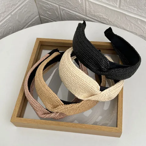 Woven Raffia Headband For Women Bohemian Straw Twist Knot Hair Band With Cloth Lining Daily Travel Seaside Hair Accessory
