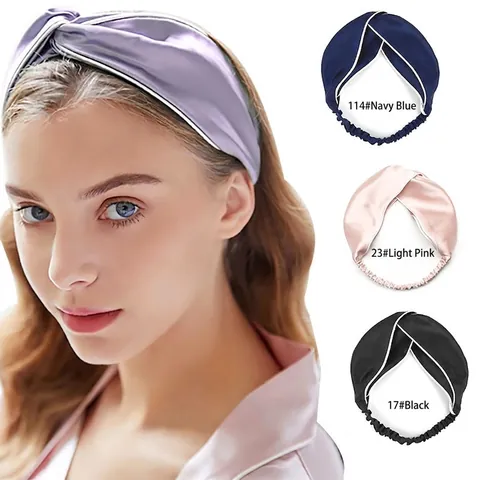 Fascia per Capelli in Raso da Donna con Nodo Incrociato Tinta Unita Elastica Larga con Bordo a Contrasto per Trucco Lavaggio Viso