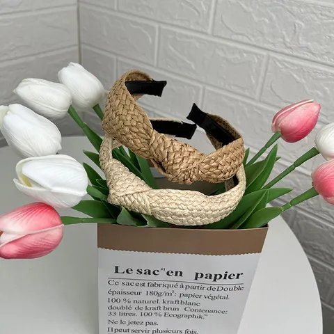 Western Women Straw Woven Knot Headband Bohemian Raffia Twist Wide Hairband Vacation Beach Daily Fashion Hair Accessories