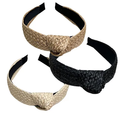 Handmade Straw Woven Knot Headband For Women Summer Beach Vacation Raffia Fabric Headband Wide Hair Hoop Accessories