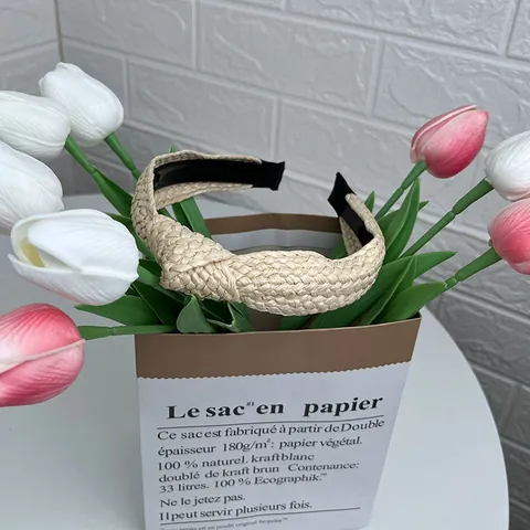 Western Women Straw Woven Knot Headband Bohemian Raffia Twist Wide Hairband Vacation Beach Daily Fashion Hair Accessories