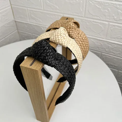 Handmade Straw Woven Knot Headband For Women Summer Beach Vacation Raffia Fabric Headband Wide Hair Hoop Accessories