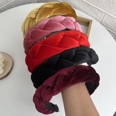 Diadema de Terciopelo Trenzado Vintage para Mujer Color Sólido Acolchado Ancho Nudo Retorcido Elegante Tejido a Mano Accesorios para el Cabello