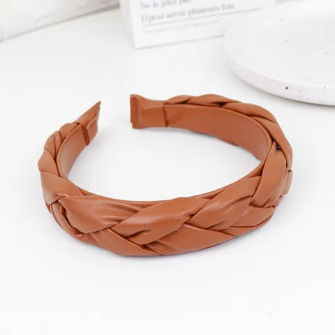 French Vintage Braided PU Leather Wide Headband Solid Color Twist Knot Hair Hoop Fashion Hair Accessories For Women