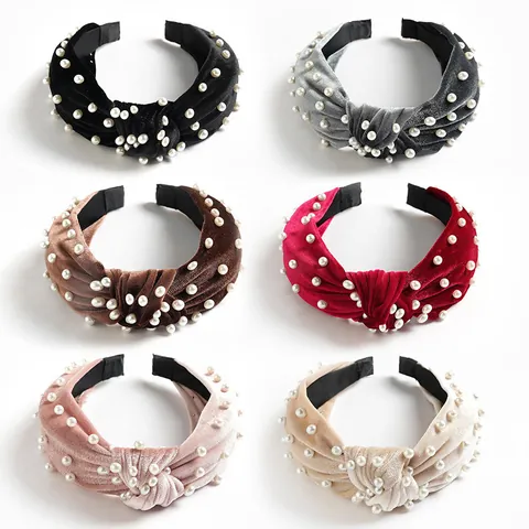 Retro Velvet Knotted Headband For Women Elegant Wide Twisted Hair Hoop With Artificial Pearls Fashion Hair Accessories