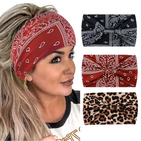 Bohemian Paisley Leopard Print Wide Twisted Headband For Women Elastic Knitted Fabric Sports Turban Yoga Hair Accessories