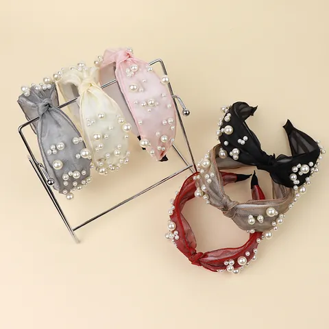 Elegante Knoop Gaas Haarband Voor Dames Met Kunstparel Versieringen Brede Stoffen Haarband Accessoires