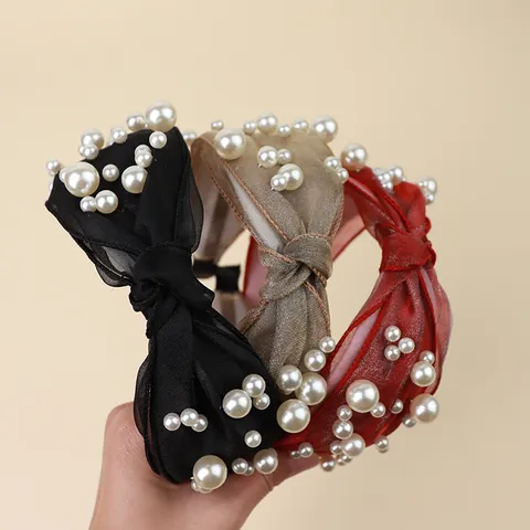 Elegante Knoop Gaas Haarband Voor Dames Met Kunstparel Versieringen Brede Stoffen Haarband Accessoires