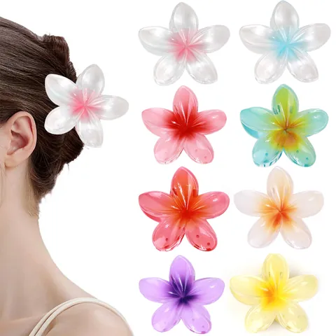 Plumeria Flower Hair Claw Clip Gradient Frangipani Hair Accessories Vintage Tropical Beach Headwear For Women Girls Hair Styling