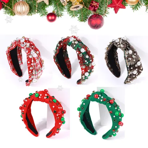 Cerchietto Natalizio Annodato Scozzese Donna Fascia Larga Con Finta Perla Artificial Strass Fiocco Di Neve Accessori Capelli Festivi