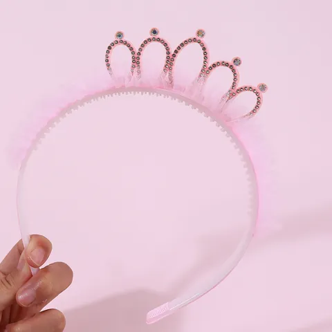 Children Princess Rhinestone Crown Headband Pink Lace Mesh Hair Band For Girls Birthday Party Anti-slip Hair Accessories