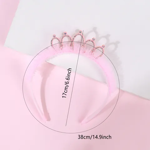Children Princess Rhinestone Crown Headband Pink Lace Mesh Hair Band For Girls Birthday Party Anti-slip Hair Accessories