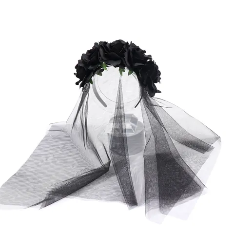 Gothic Halloween Black Rose Flower Veil Headband For Women Wedding Party Mesh Long Veil Costume Hair Accessory