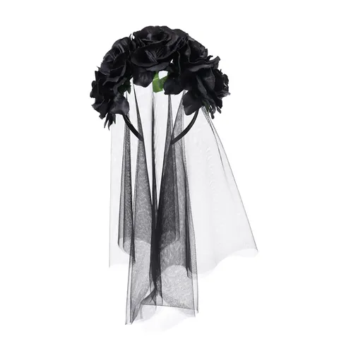 Gothic Halloween Black Rose Flower Veil Headband For Women Wedding Party Mesh Long Veil Costume Hair Accessory