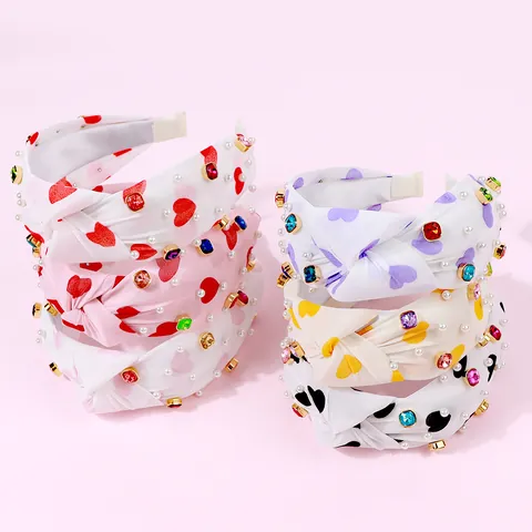 Cerchietto Annodato a Cuore per San Valentino in Tessuto Con Strass Colorati e Perle Fascia per Capelli Larga Dolce Accessori per Donna