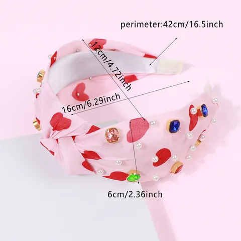 Cerchietto Annodato a Cuore per San Valentino in Tessuto Con Strass Colorati e Perle Fascia per Capelli Larga Dolce Accessori per Donna