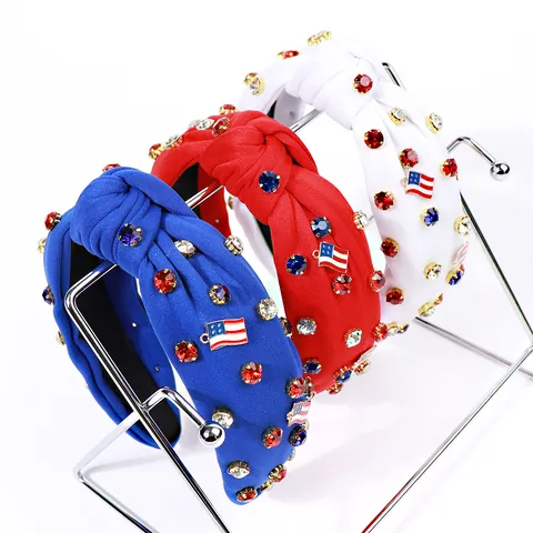 US Flag Rhinestone Knotted Wide Headband Fabric Knot Hair Band For Women Patriotic Independence Day Fashion Hair Accessories