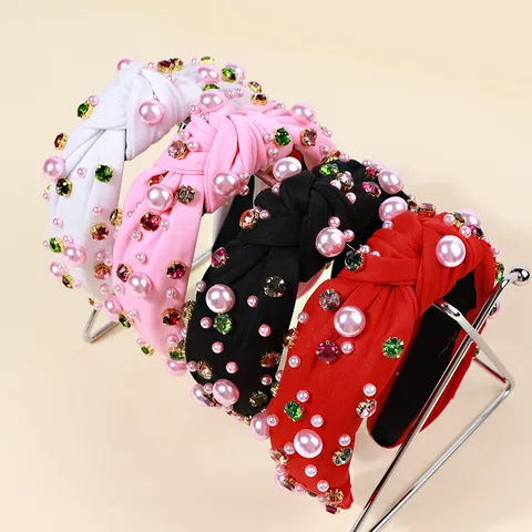 Cerchietto Barocco Nodo Largo Con Perle d'Imitazione e Strass per Donna Matrimonio San Valentino Accessori per Capelli