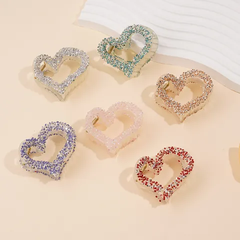 Women Sweet Heart Shaped Rhinestone Hair Claw Clip Jelly Color Resin Hairpin Sparkling Crystal Heart Hair Accessories