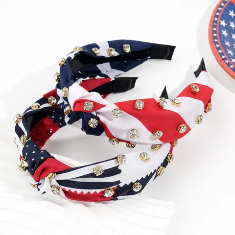 Serre-Tête Noué en Strass Drapeau Américain Patriotique Étoiles et Rayures Bandeau pour Fête du Quatre Juillet Jour de l'Indépendance Femmes