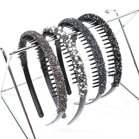 Elegant Women Rhinestone Faux Pearl Headband Non-Slip Hairband With Teeth For Hair Styling Makeup Face Washing Jewelry