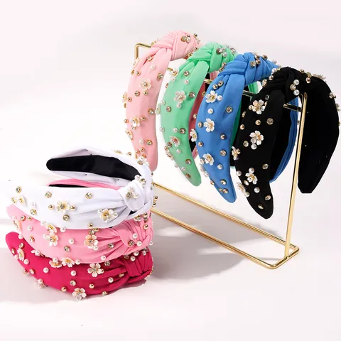 Women Fashion Wide Knotted Headband With Camellia Flower Rhinestone Imitation Pearl Retro Fabric Hair Accessory For Party