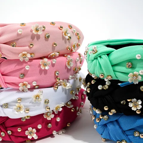 Women Fashion Wide Knotted Headband With Camellia Flower Rhinestone Imitation Pearl Retro Fabric Hair Accessory For Party