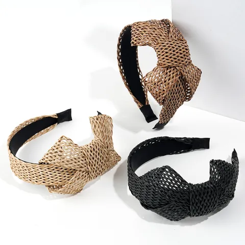 Bohemian Raffia Woven Bow Headband Fashion Straw Mesh Knot Hair Band Summer Beach Vacation Hair Accessories For Women