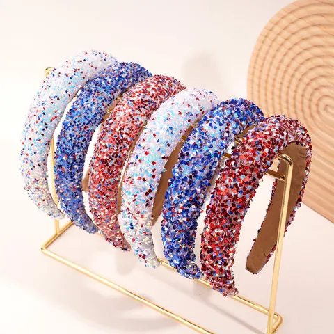 Women Fashion Wide Padded Sequin Headband Patriotic Red White Blue Star Sparkly Glitter Hairband Independence Day Party Hair Accessories