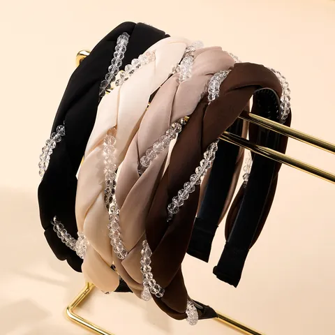 Serre-tête Torsadé en Strass Tissu de Satin Rembourré Haut de Crâne Haute Élégant Large Cercle de Cheveux pour Femmes Filles Accessoires de Cheveux de Mode