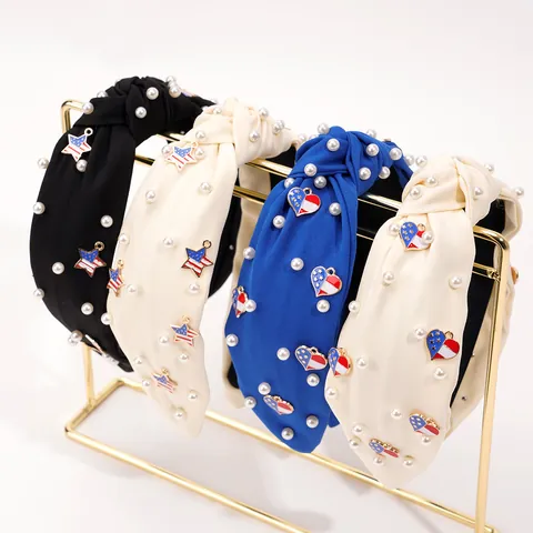 Women Independence Day Wide Knotted Fabric Headband With Pearls American Flag Star Heart Charms Fourth Of July Hair Accessories
