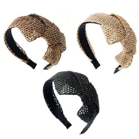 Bohemian Raffia Woven Bow Headband Fashion Straw Mesh Knot Hair Band Summer Beach Vacation Hair Accessories For Women