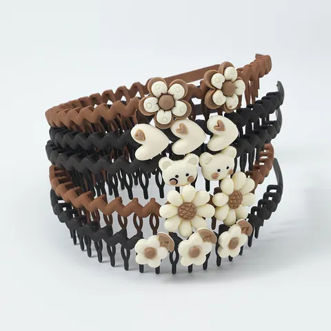 Kids Wavy Non-Slip Headband With Teeth Cute 3D Flower Bear Heart Plastic Hair Band For Girls Broken Hair Organizing Accessory
