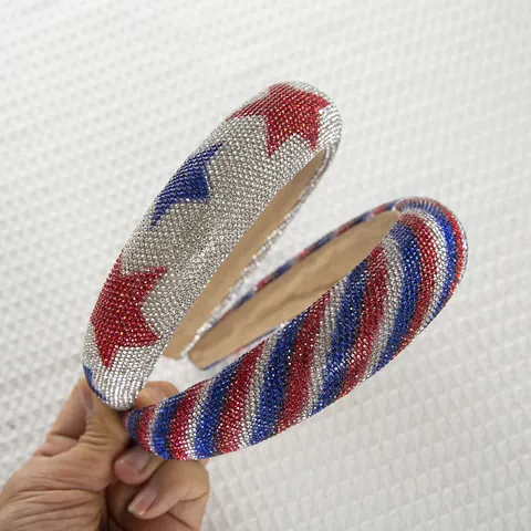 Women Padded Rhinestone Headband Red White Blue Star Stripe Wide Sponge Headband Independence Day Party Hair Accessories