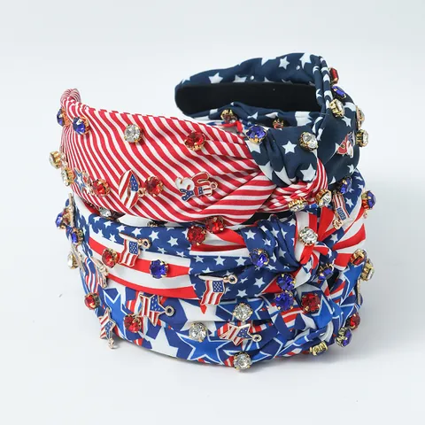 American Flag Knotted Headband Independence Day Rhinestone Wide Hairband With USA Charms Patriotic Hair Accessories