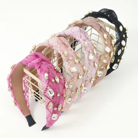Luxury Rhinestone Mesh Sequins Knotted Headband For Women Wide Shiny Padded Hair Hoop Fashion Party Hair Accessories