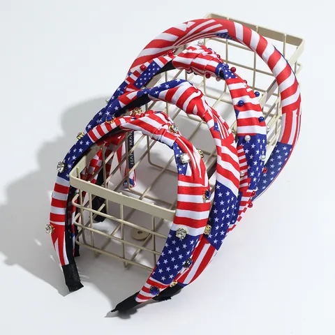 American Flag Knotted Headband For Women Independence Day July Fourth Stars Stripes Fabric Hair Band Rhinestone Artificial Pearl Headwear