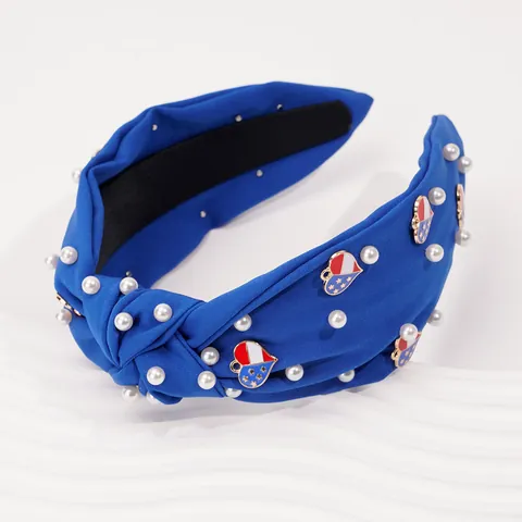 Women Independence Day Wide Knotted Fabric Headband With Pearls American Flag Star Heart Charms Fourth Of July Hair Accessories