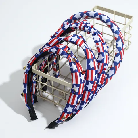 American Flag Knotted Headband For Women Independence Day July Fourth Stars Stripes Fabric Hair Band Rhinestone Artificial Pearl Headwear