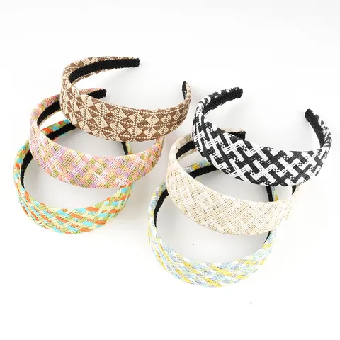 Cerchietto Largo in Rafia Intrecciata Bohémien per Donna Fantasia Geometrica a Quadri Colorati Estate Spiaggia Moda Accessori